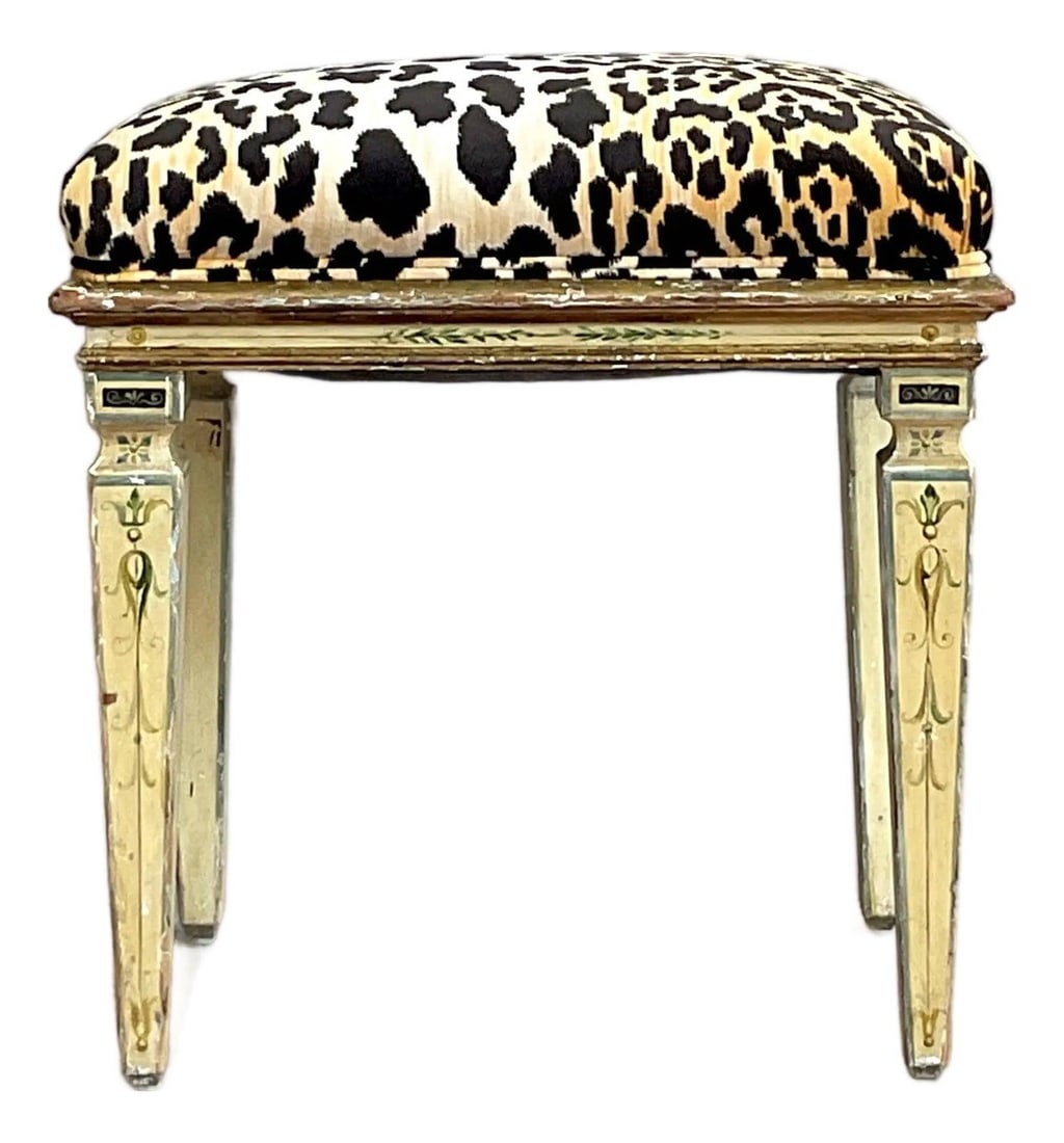 Vintage Boho Leopard Upholstered Stool with Hand-Painted Frame (1 of 7)
