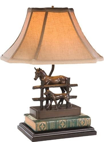 Equestrian Style Hand-Crafted Horse and Dog Table Lamp: Equestrian Style Hand-Crafted Horse and Dog Table Lamp Illuminate your space with this exquisite hand-crafted sculpture table lamp featuring a charming horse and dog design. This unique piece captures