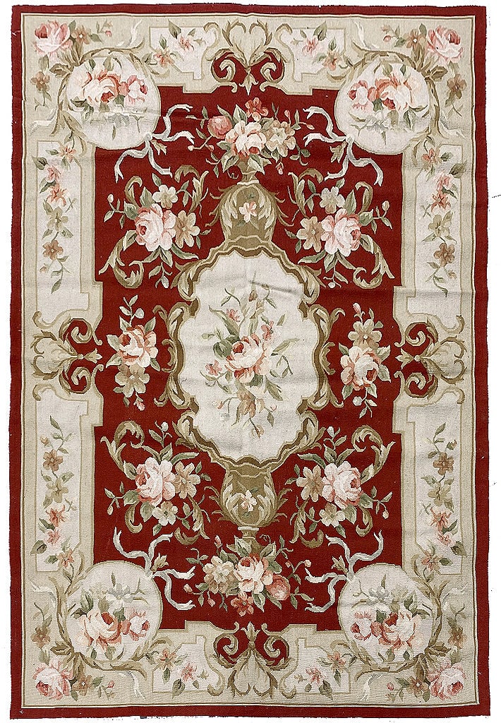4' x 6' Fine Flat Aubusson Burgundy Weave Rug French Style (1 of 9)