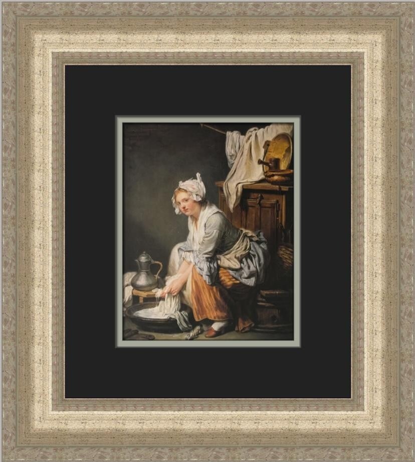 Jean-Baptiste Greuze The Laundress Custom Framed Rococo Print: Jean-Baptiste Greuze The Laundress Custom Framed Rococo Print This exquisite custom framed print features the artwork "The Laundress" by Jean-Baptiste Greuze, a notable piece in the Rococo style. The