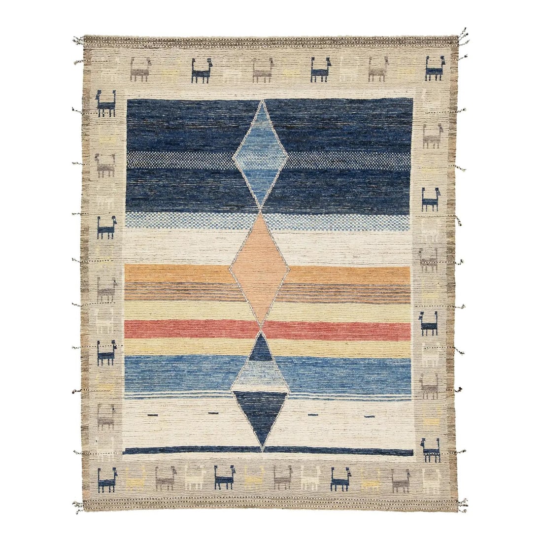 Handcrafted Moroccan Wool Rug Multicolor Design 9'5" x 11'11": Handcrafted Moroccan Wool Rug Multicolor Design 9'5" x 11'11" This exquisite handcrafted modern Moroccan-style wool rug features a stunning blend of beige, blue, and orange hues, expertly merging trad