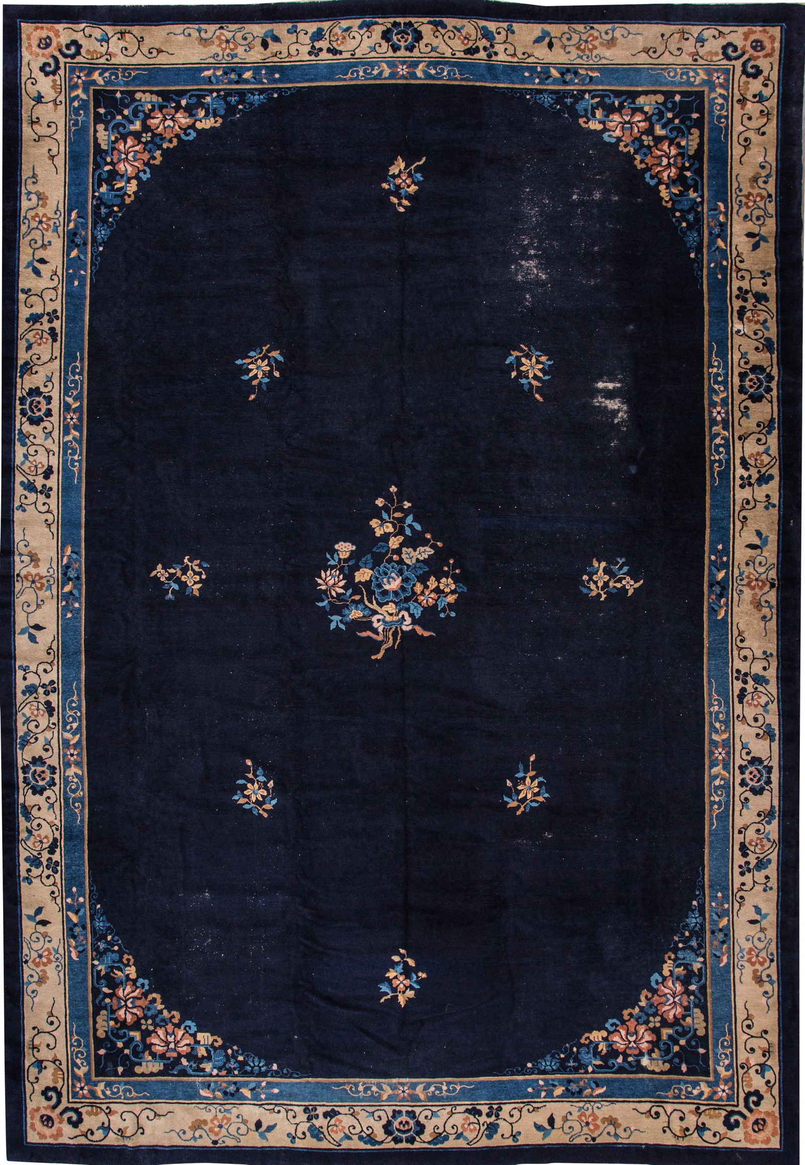 Oversized Antique Chinese Art Deco Wool Rug 11'6 x 16'6 Navy Blue Floral Design (1 of 10)