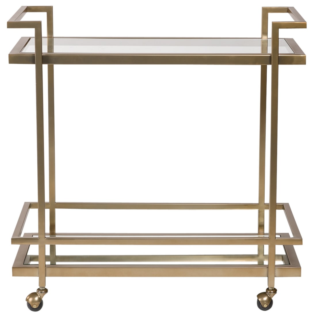 Brentwood Bar Cart by Alder Tweed with Brass Finish: Brentwood Bar Cart by Alder Tweed with Brass Finish Introducing the Brentwood Bar Cart, a stunning addition that combines vintage charm with modern functionality. This exquisite piece features elegant
