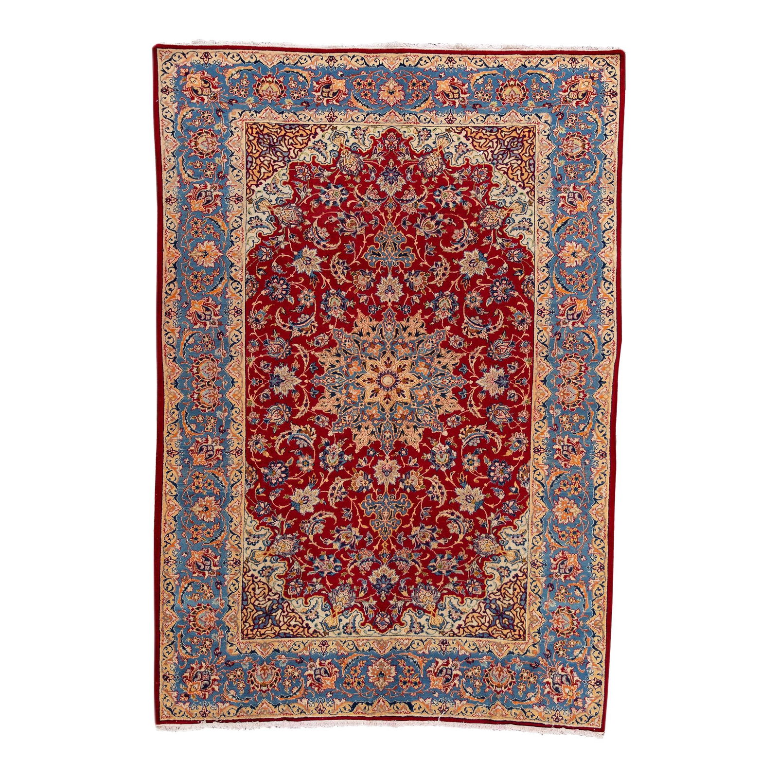 Vintage Persian Isfahan Hand-Knotted Red Floral Wool Rug 7'3" x 10'7": Vintage Persian Isfahan Hand-Knotted Red Floral Wool Rug 7'3" x 10'7" This stunning vintage Persian Isfahan rug showcases exquisite hand-knotting and features a vibrant red field adorned with a multi-