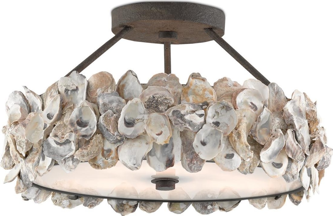 Currey Coastal Oyster Semi-Flush Mount Light Textured Bronze 3 Bulb: Currey Coastal Oyster Semi-Flush Mount Light Textured Bronze 3 Bulb Elevate your coastal decor with this Sophisticated Coastal Oyster Semi-Flush Light. This stunning fixture features a unique textured