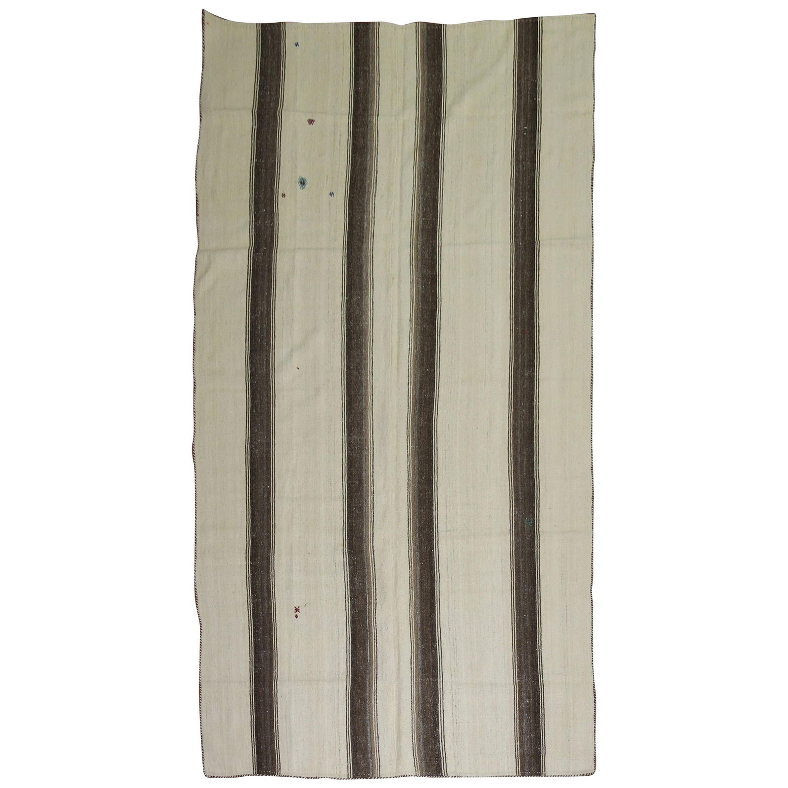 Mid-Century Modern Vintage Turkish Kilim Hand-Knotted Wool 66 x 125: Mid-Century Modern Vintage Turkish Kilim Hand-Knotted Wool 66 x 125 This captivating vintage Turkish kilim features a striking striped motif in warm browns and cream, embodying the essence of Mid-Cent
