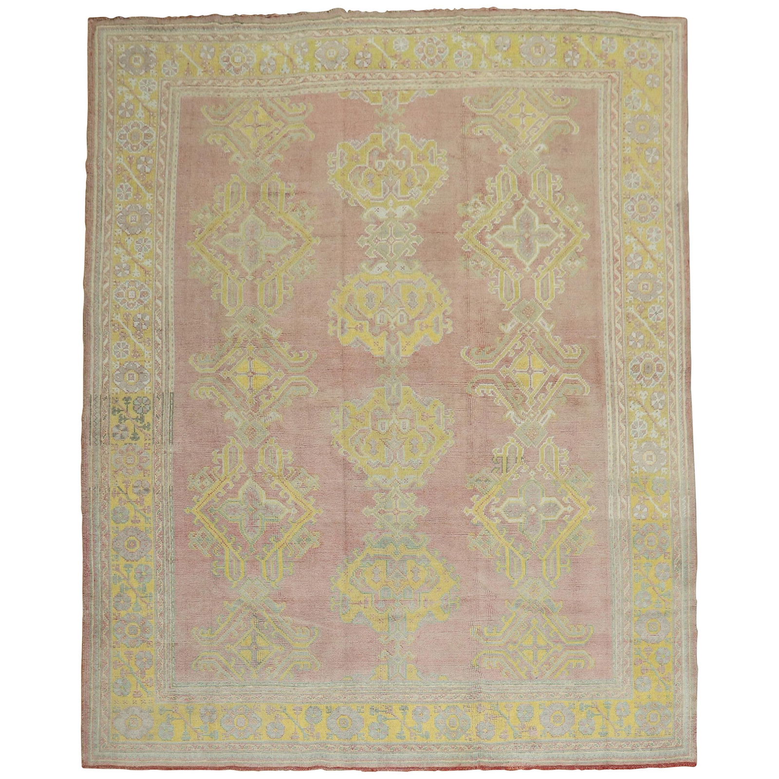 Antique Turkish Oushak Carpet Rose Bright Yellow 8'2" x 10'4" Hand-Woven Wool (1 of 10)