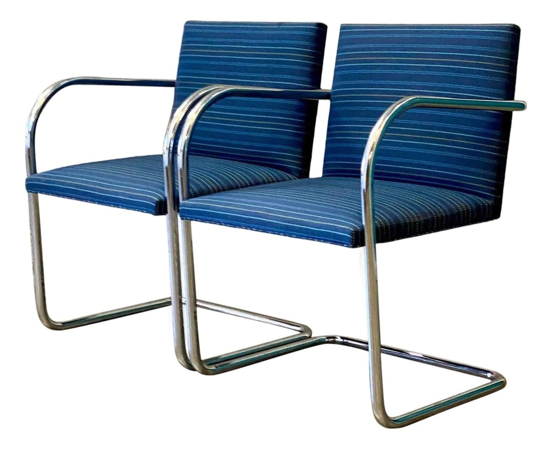 Pair of Vintage Knoll Tubular Brno Chairs Midcentury Blue Fabric: Pair of Vintage Knoll Tubular Brno Chairs Midcentury Blue Fabric This iconic pair of Midcentury Modern Knoll Tubular Brno Chairs features a cantilevered design with a sleek profile, perfect for adding