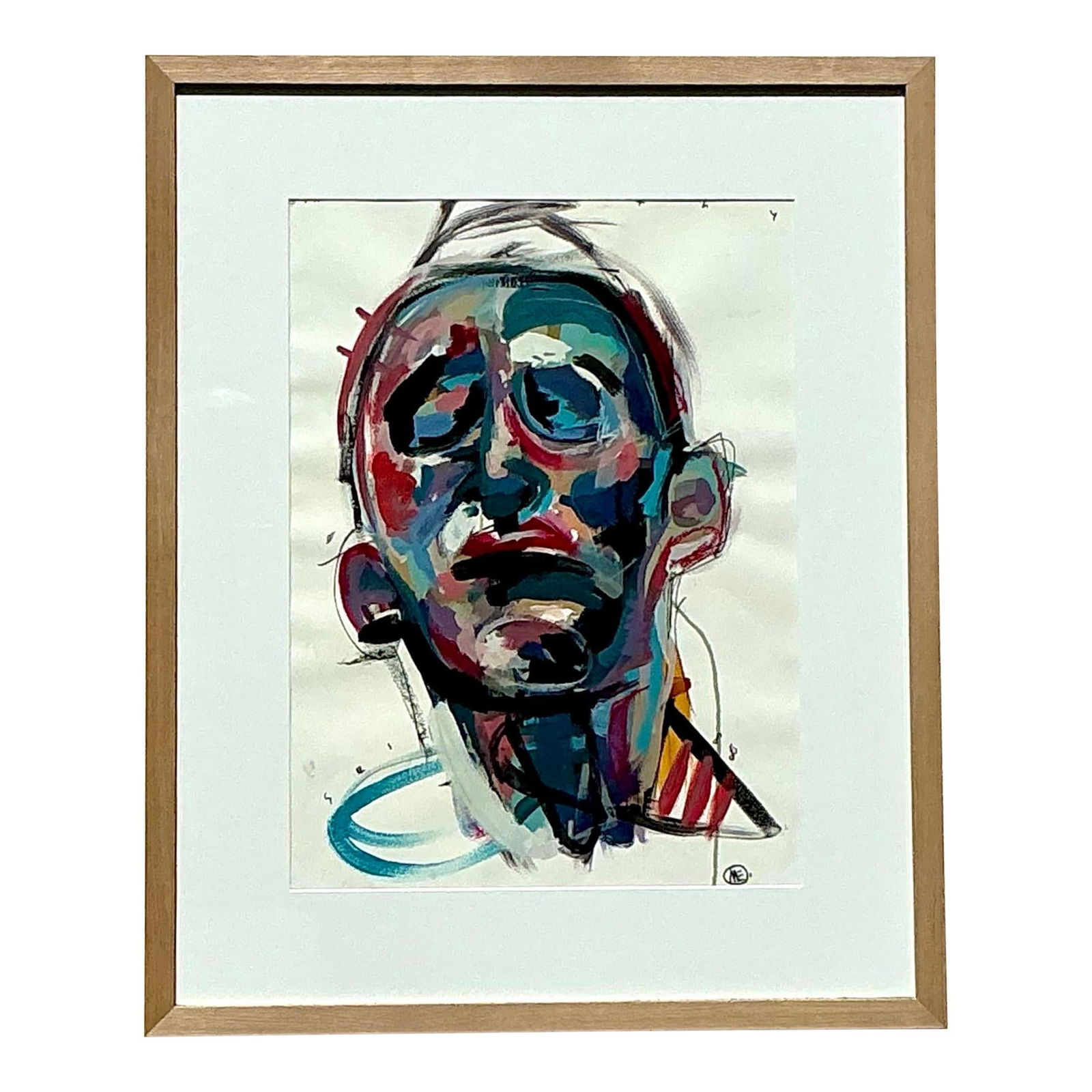 Vintage Abstract Figurative Oil Painting on Paper 26.5 x 32.5 Teal (1 of 7)