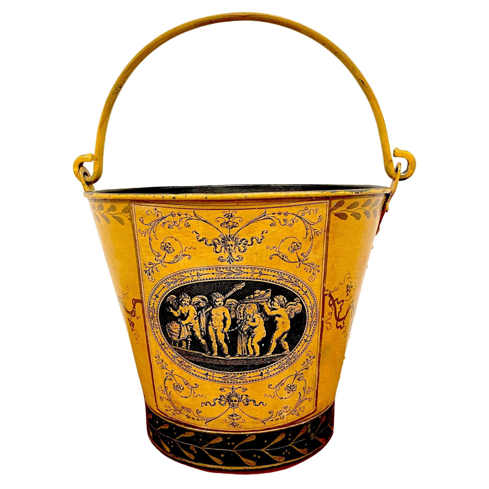 Antique French Tole Cachepot Labors of Cupid 1900s: Antique French Tole Cachepot Labors of Cupid 1900s Discover the charm of this Antique French Tole Handled Bucket/Cachepot, known as 'Labors of Cupid', dating back to the early 20th century. This
