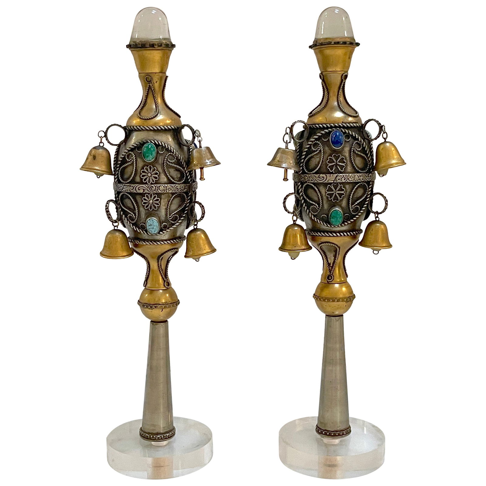 Set of 2 Judaica Torah Rimonim Finials Rock Crystal Silver Gilt Bells: Set of 2 Judaica Torah Rimonim Finials Rock Crystal Silver Gilt Bells Discover this exquisite pair of early 20th-century Judaica Torah/Rimonim finials, showcasing exceptional craftsmanship and