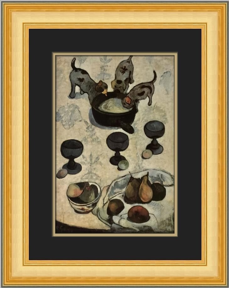 Custom Framed Paul Gauguin Still Life with Three Puppies Print: Custom Framed Paul Gauguin Still Life with Three Puppies Print Enhance your decor with this stunning custom framed print of Paul Gauguin's 'Still Life with Three Puppies.' This medium-sized artwork sh