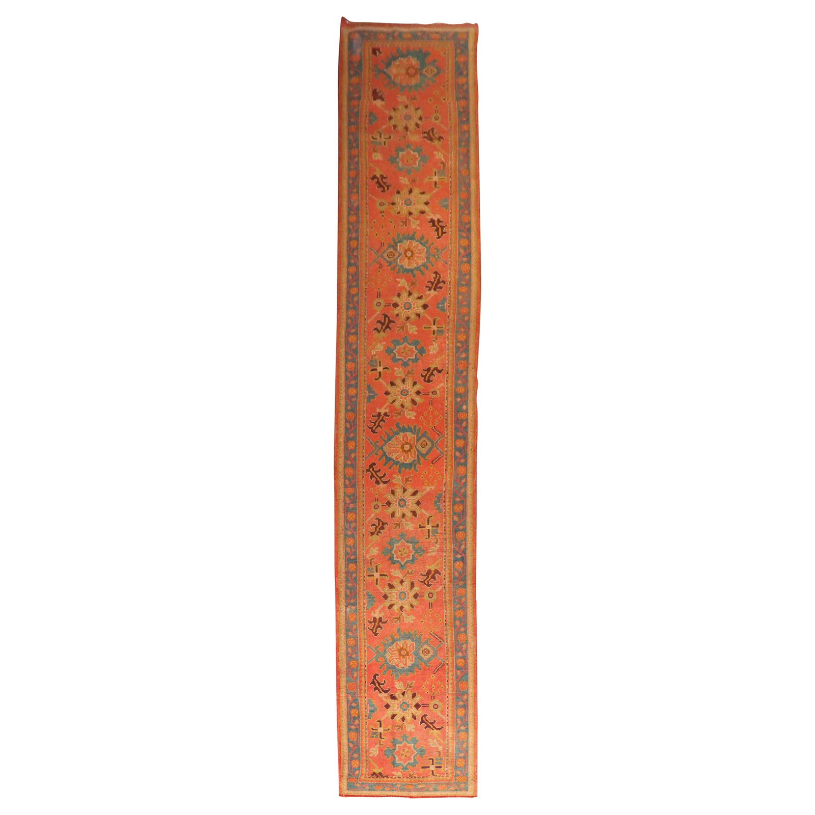 Antique Turkish Oushak Runner Early 20th Century Orange Wool 35 x 226 in: Antique Turkish Oushak Runner Early 20th Century Orange Wool 35 x 226 in Discover the vibrant charm of this early 20th-century Turkish Oushak runner, featuring a stunning bright orange field. Hand-kno
