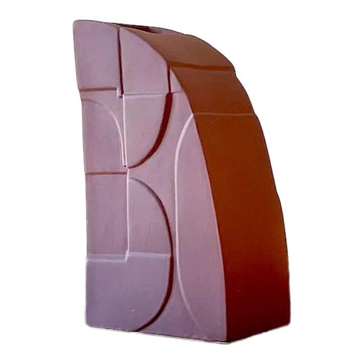 Signed Studio Pottery Vase with Geometric Slab Built Design: Signed Studio Pottery Vase with Geometric Slab Built Design This vintage boho vase features a geometric, slab-built design and is signed by the artist. Crafted from pottery, it showcases a light pink