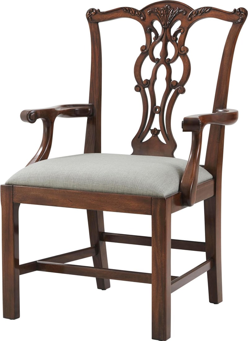 Theodore Alexander Georgian Style Mahogany Armchair: Theodore Alexander Georgian Style Mahogany Armchair Experience the elegance of this Luxurious Light Georgian Mahogany Armchair, crafted in a timeless antique style. This exquisite armchair features a