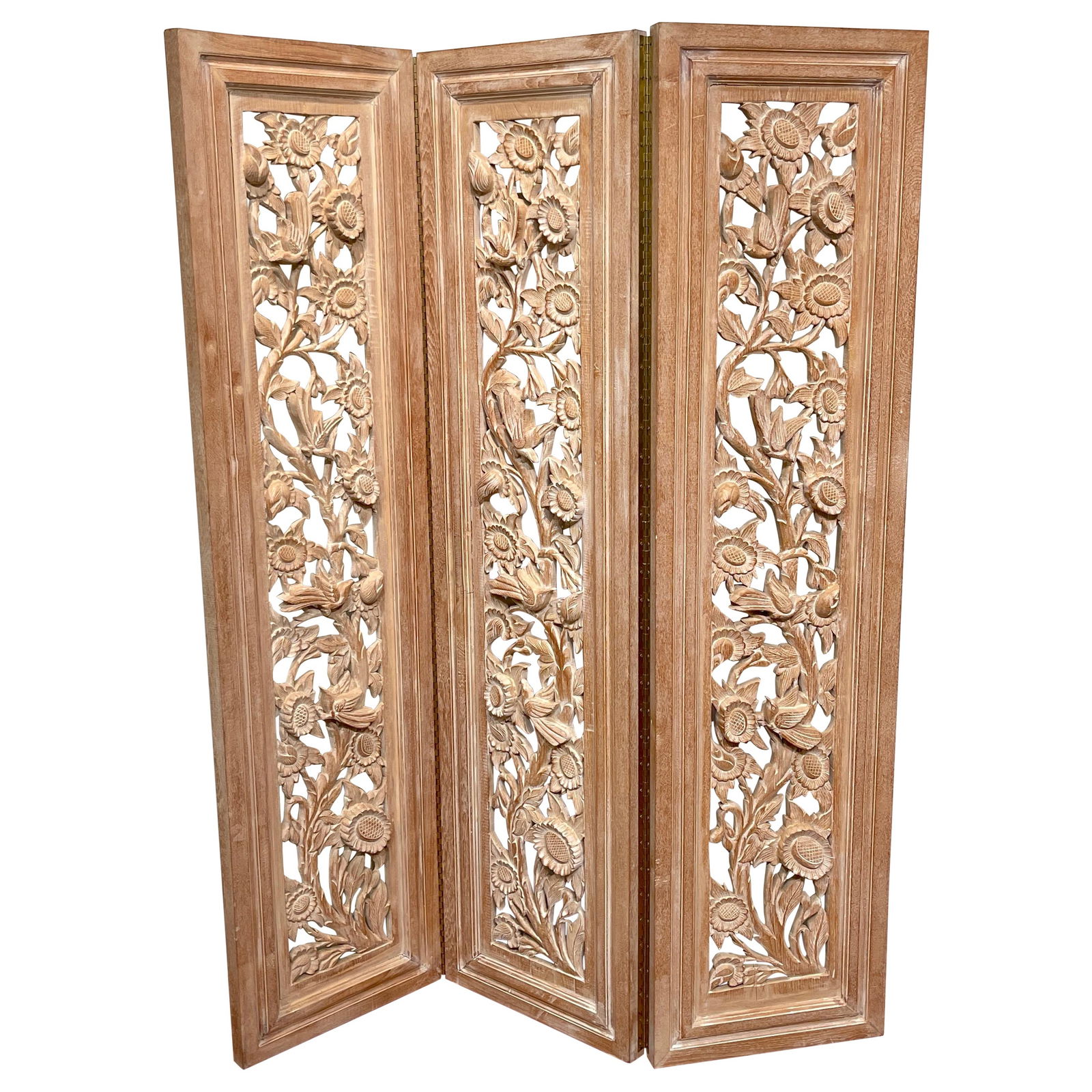 Mid-Century Modern Three-Panel Bleached Hardwood Bird Floral Screen in Style of James Mont: Mid-Century Modern Three-Panel Bleached Hardwood Bird Floral Screen in Style of James Mont Embrace the elegance of the 1950s with this exquisite Three-Panel Carved Bleached Hardwood Bird Floral