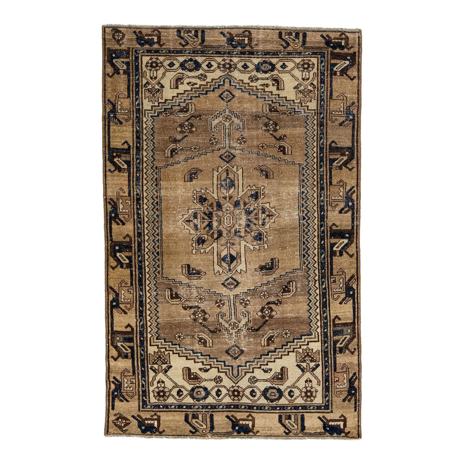 Vintage Persian Handmade Wool Medallion Rug 4'1 x 6'8: Vintage Persian Handmade Wool Medallion Rug 4'1 x 6'8 This stunning mid-20th century vintage Persian rug showcases a beautifully distressed hand-knotted wool construction. The rich brown field is enha