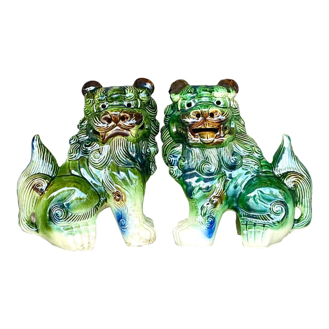 Pair of Vintage Asian Glazed Ceramic Foo Dogs Decorative Guardians: Pair of Vintage Asian Glazed Ceramic Foo Dogs Decorative Guardians Enhance your living space with this exquisite pair of Vintage Asian Glazed Ceramic Foo Dogs. Known for their symbolic power to ward o