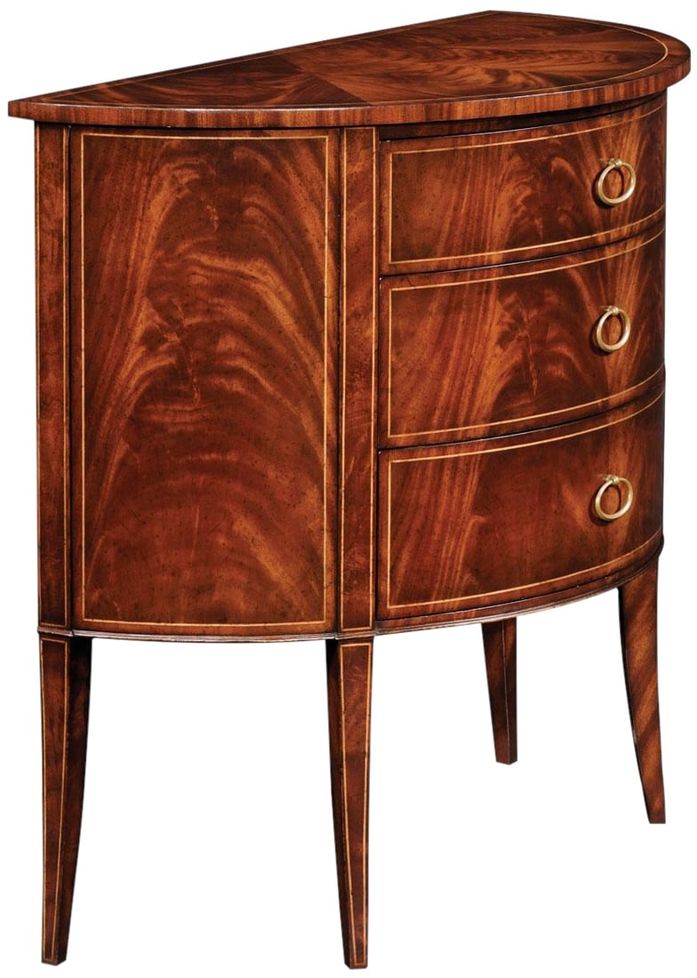 Biedermeier Style Mahogany Demilune Luxe Chest by Jonathan Charles: Biedermeier Style Mahogany Demilune Luxe Chest by Jonathan Charles This elegant demilune chest features a classic Biedermeier style, crafted from mahogany with intricate inlays. The piece offers a ref
