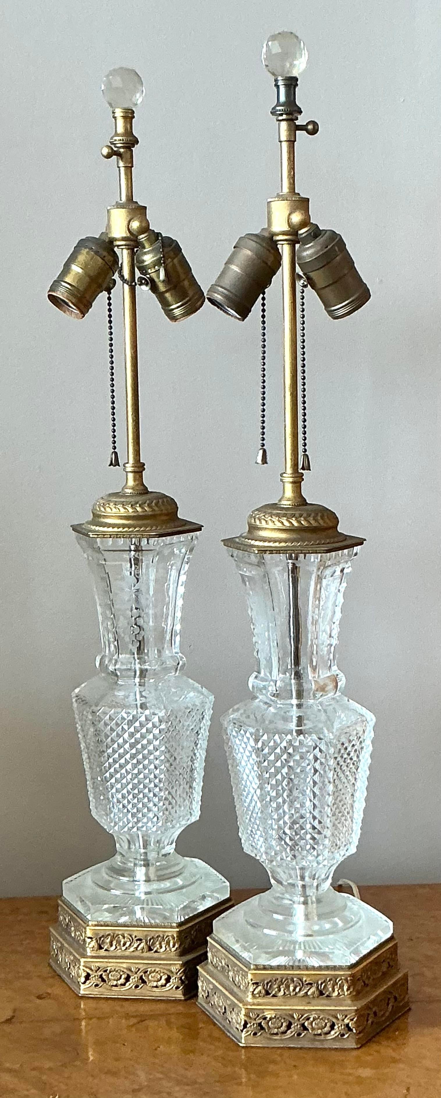Elegant Vintage Pair of Regency Cut Crystal Lamps 27 Inches - 2