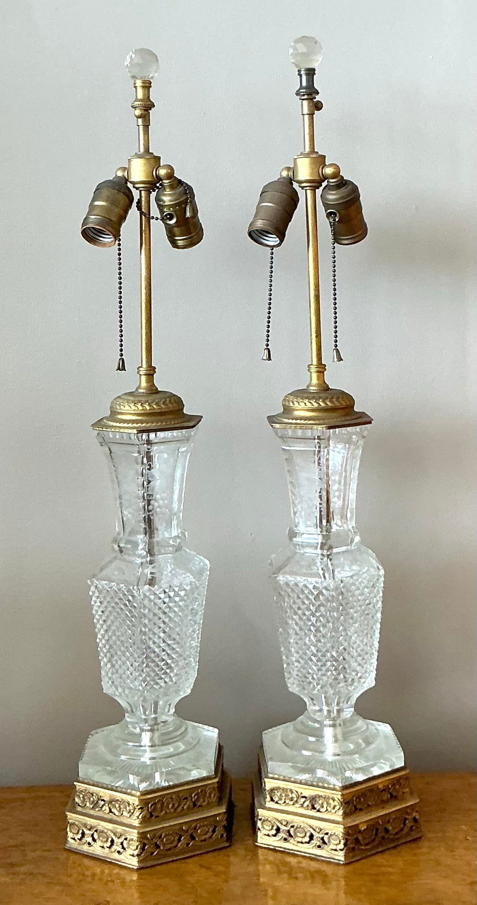 Elegant Vintage Pair of Regency Cut Crystal Lamps 27 Inches - 5