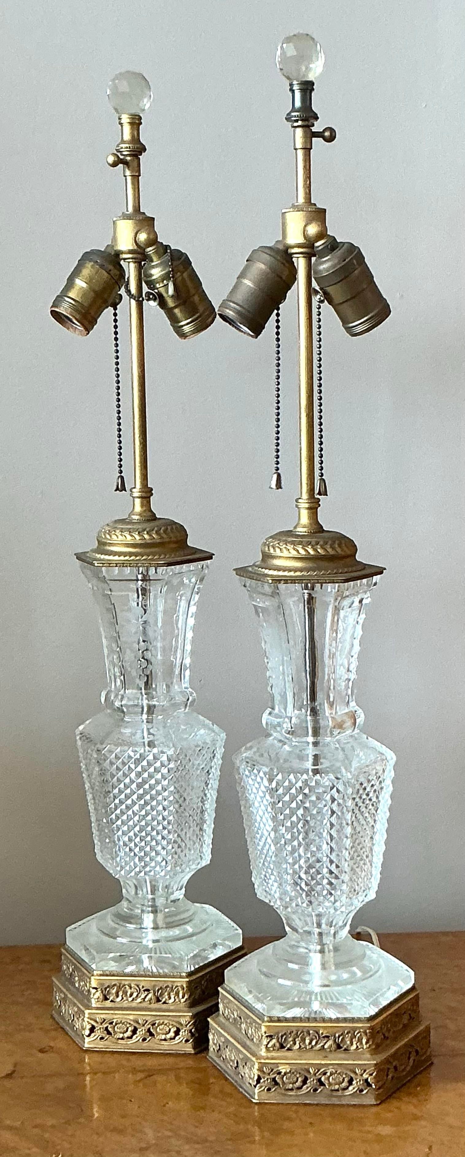 Elegant Vintage Pair of Regency Cut Crystal Lamps 27 Inches - 9