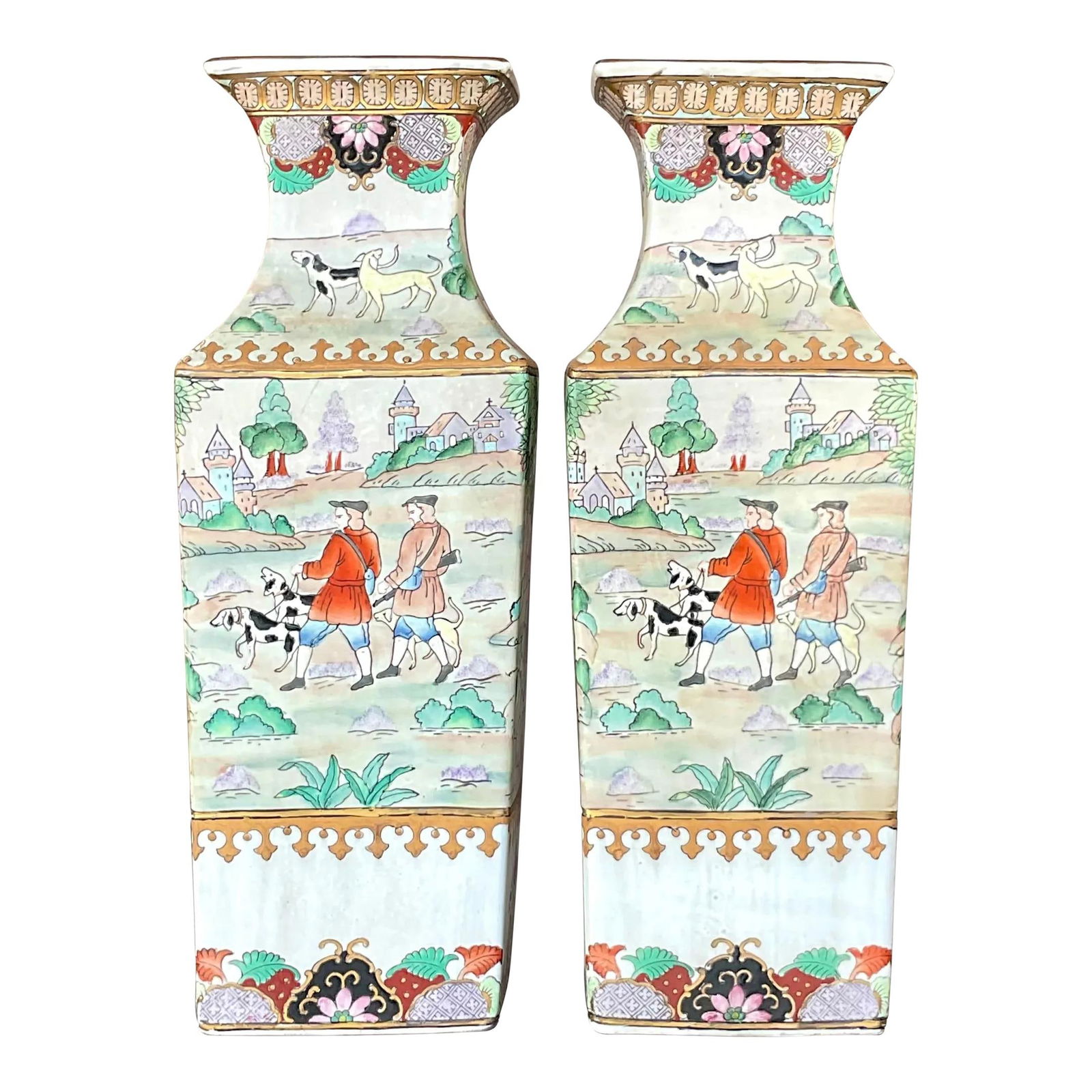 Pair of Vintage Asian Glazed Ceramic Pastoral Vases 15.75": Pair of Vintage Asian Glazed Ceramic Pastoral Vases 15.75" Enhance your home decor with this stunning pair of vintage Asian glazed ceramic pastoral vases. These vases feature intricate detailing and