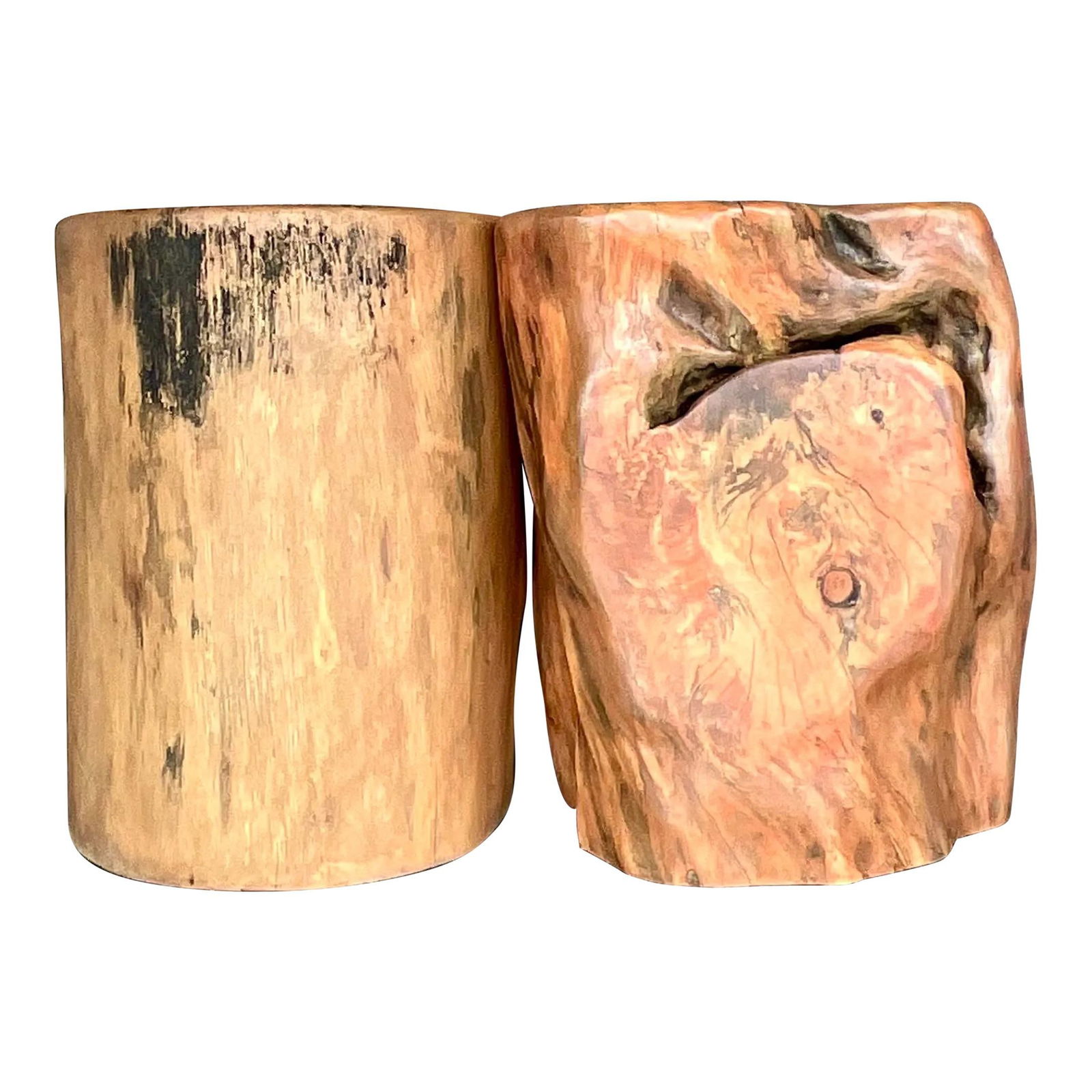 Vintage Boho Orange Tree Trunk Table Set of 2: Vintage Boho Orange Tree Trunk Table Set of 2 Enhance your living space with this fabulous set of two vintage Boho low stools, crafted from solid tree trunks washed in a refreshing pale orange. Each
