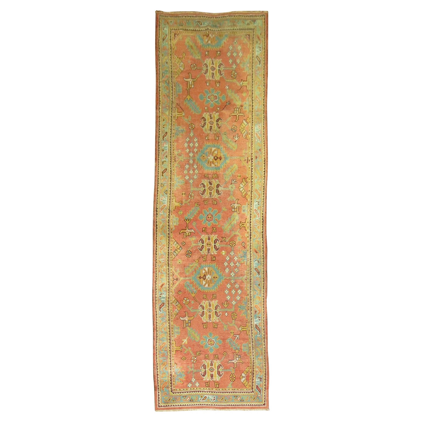 Antique Turkish Oushak Runner 48 x 177 Wool Hand-Woven Arts and Crafts: Antique Turkish Oushak Runner 48 x 177 Wool Hand-Woven Arts and Crafts This exquisite late 19th century Antique Turkish Oushak runner showcases a stunning pumpkin orange field complemented by a green