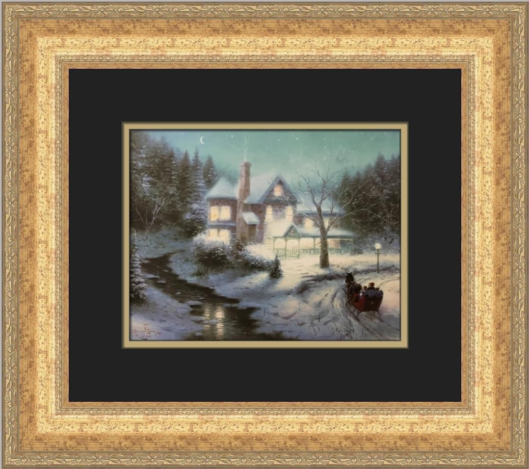 Thomas Kinkade Moonlight Sleigh Ride Framed Art Print 15x13: Thomas Kinkade Moonlight Sleigh Ride Framed Art Print 15x13 This stunning custom framed print titled "Moonlight Sleigh Ride" by renowned artist Thomas Kinkade captures the serene beauty of a winter la