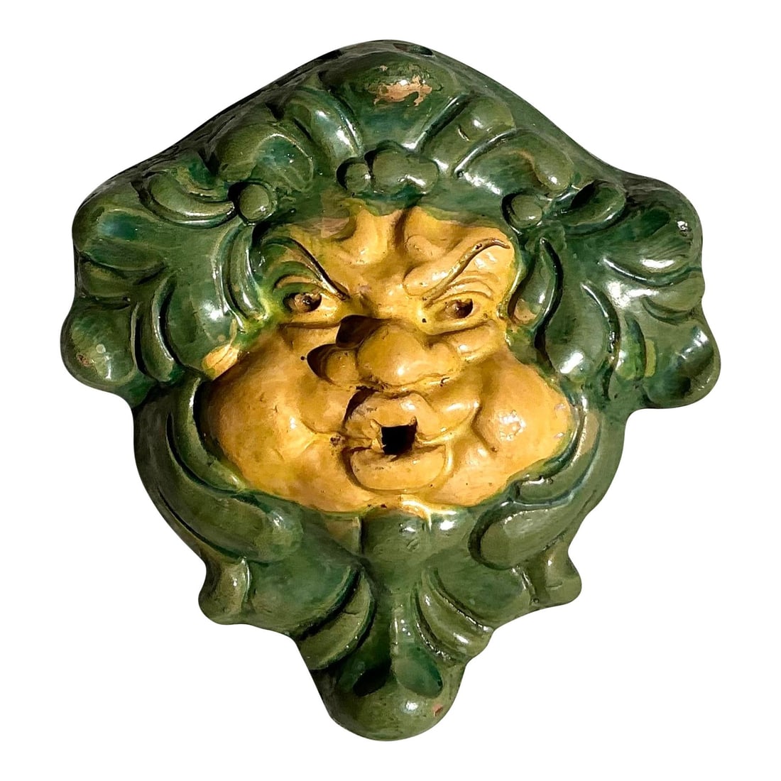 Vintage Green Man Terracotta Wall Fountain Mask Sculpture: Vintage Green Man Terracotta Wall Fountain Mask Sculpture Enhance your space with this Vintage Regency Glazed Terracotta Face Sculpture, a striking piece that combines artistry and functionality. Insp