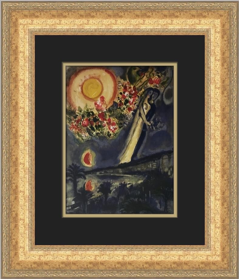 Marc Chagall The Honeymoon Custom Framed Print 1988 Figurative Art: Marc Chagall The Honeymoon Custom Framed Print 1988 Figurative Art This beautifully custom framed print titled "The Honeymoon" by renowned artist Marc Chagall features a captivating depiction of honey