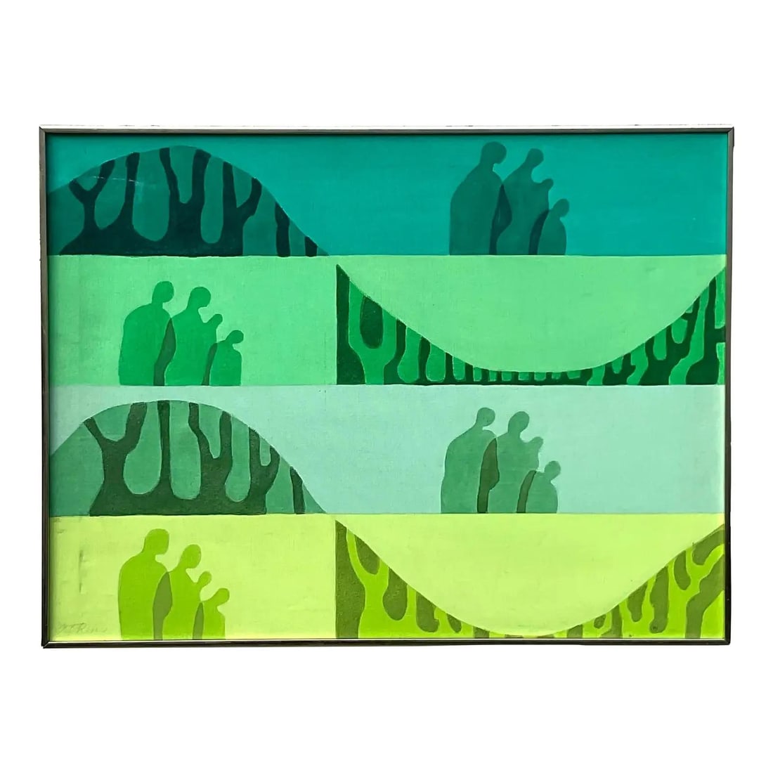 Abstract Ombre Oil Painting on Canvas with Boho Style Framed Artwork: Abstract Ombre Oil Painting on Canvas with Boho Style Framed Artwork This vintage Boho original ombre abstract oil on canvas features an array of gradient green and blue shades, depicting abstract hum