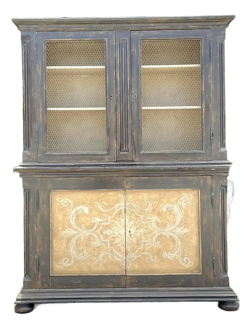 Vintage Italian Hand-Painted Tuscan Display Cabinet with Distressed Finish: Vintage Italian Hand-Painted Tuscan Display Cabinet with Distressed Finish Elevate your living space with the rustic charm of this Vintage Italian Hand-Painted Tuscan Cabinet. Crafted with artisanal e
