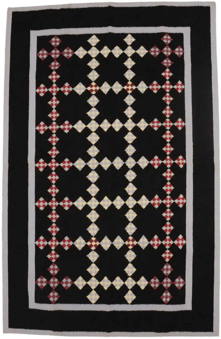 Modern Black Floral Wool Dhurrie Rug 6X9 ft Reversible Handmade Area Carpet (1 of 16)