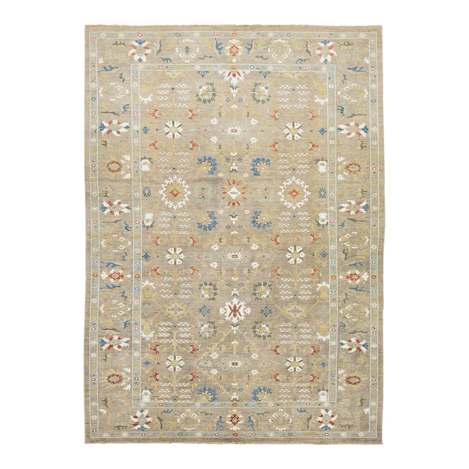 Handmade Beige Wool Sultanabad Rug 8'9 x 12'1 Allover Design: Handmade Beige Wool Sultanabad Rug 8'9 x 12'1 Allover Design Enhance your living space with this exquisite hand-knotted wool rug featuring a stylish beige background embellished with a vibrant all-ove