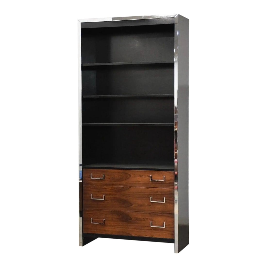 1960s John Stuart Chrome Rosewood Bookcase Milo Baughman Style: 1960s John Stuart Chrome Rosewood Bookcase Milo Baughman Style This stunning mid-century modern bookcase features a striking black finish complemented by chrome details and rosewood drawers, showcasin