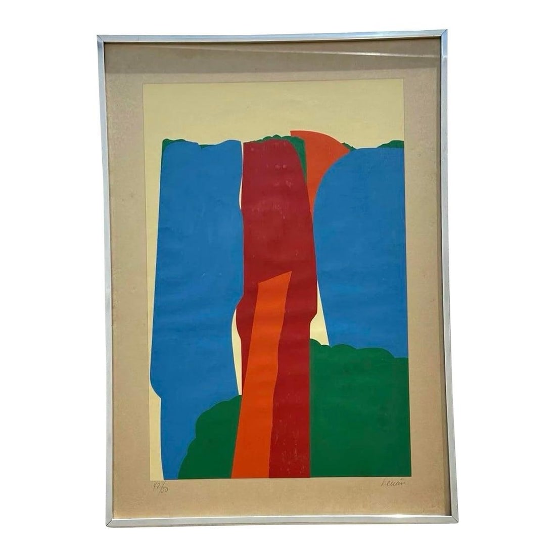 Framed Mid Century Lithograph with Bohemian Abstract Colorful Design: Framed Mid Century Lithograph with Bohemian Abstract Colorful Design This vintage abstract lithograph features a striking array of vibrant colors and organic forms, embodying a classic bohemian aesthe