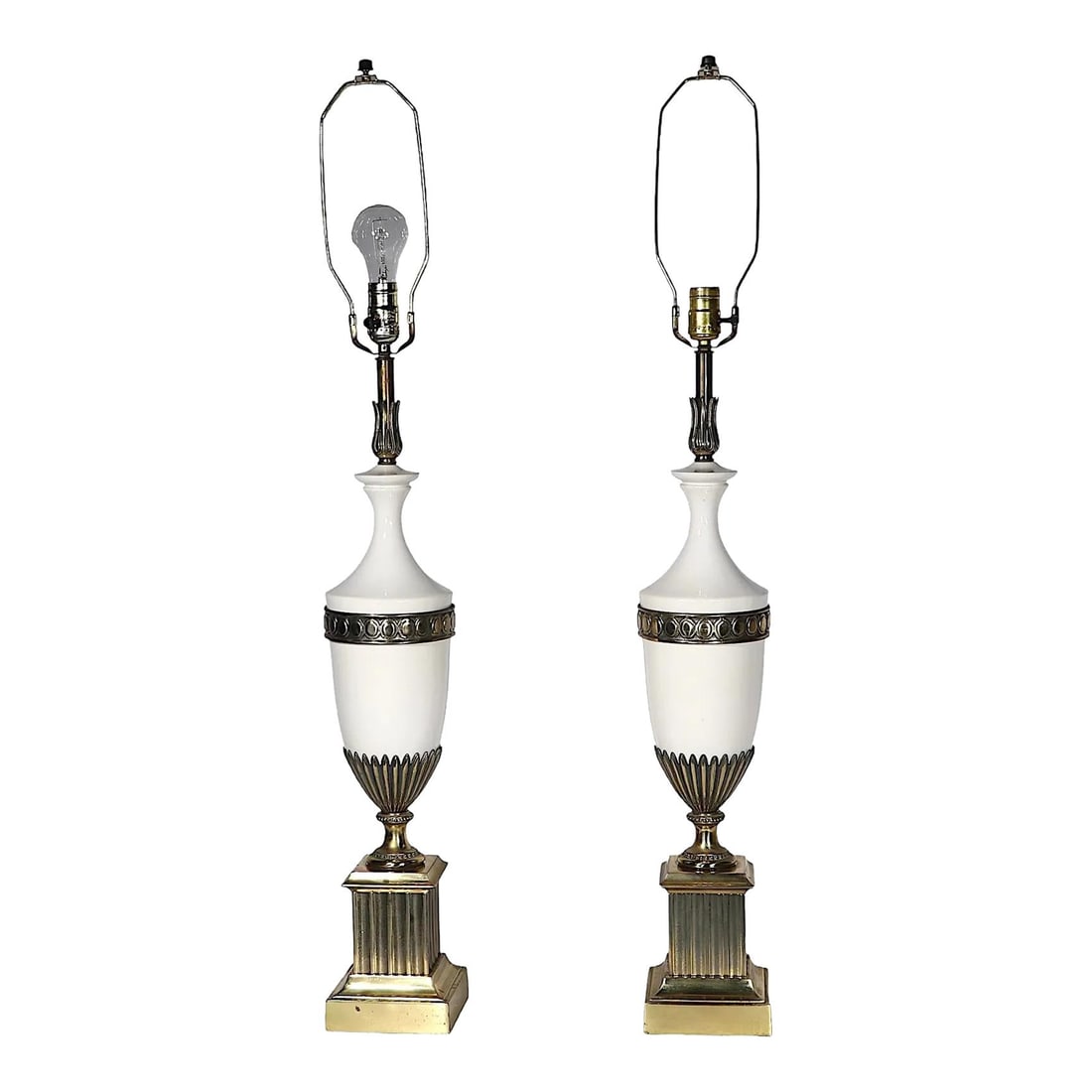 Elegant Hollywood Regency Table Lamps White Porcelain Brass by Westwood: Elegant Hollywood Regency Table Lamps White Porcelain Brass by Westwood This pair of elegant Hollywood Regency table lamps features brass plinth bases supporting white porcelain bodies adorned with de