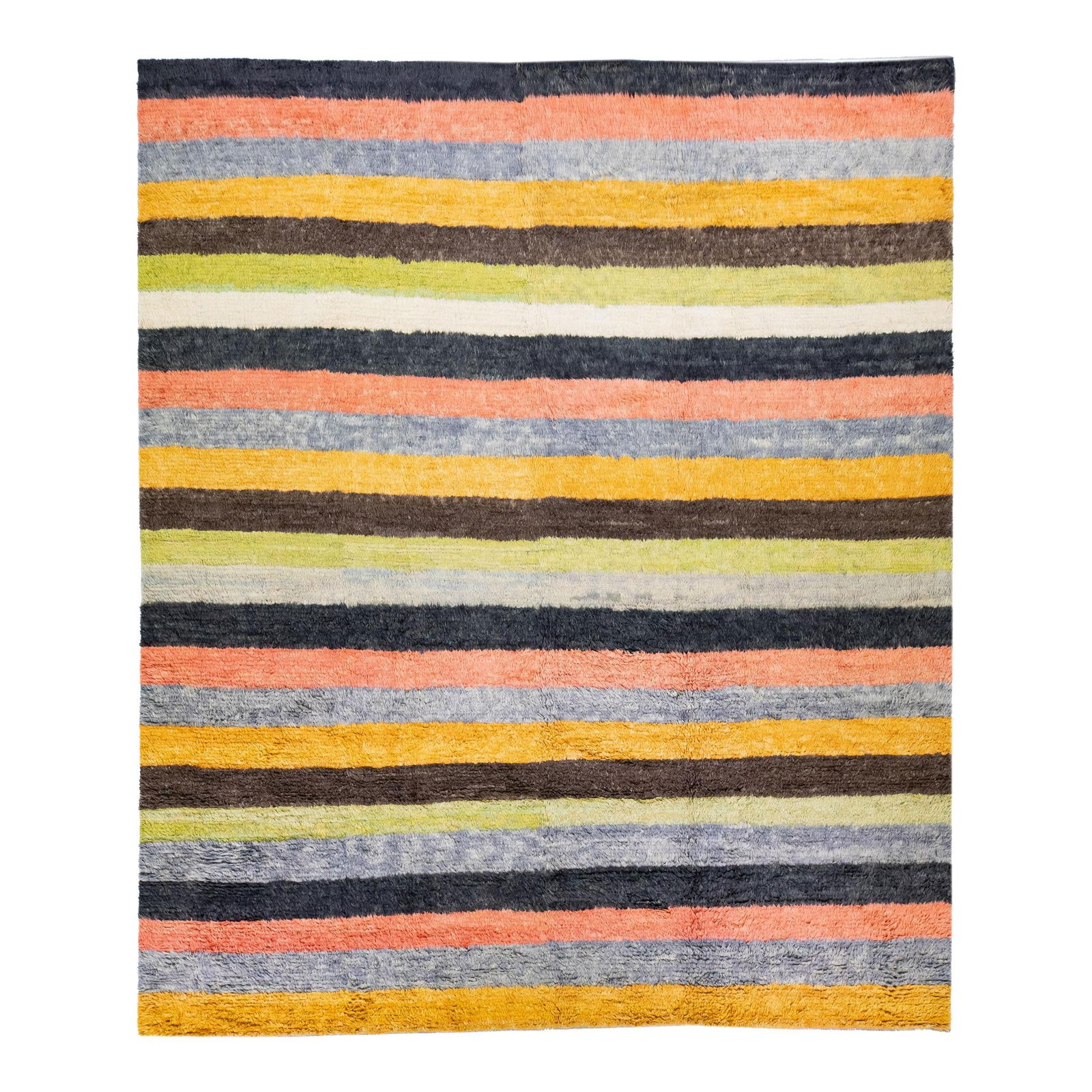 Vibrant Multicolor Striped Tulu Handmade Wool Rug 13' x 15': Vibrant Multicolor Striped Tulu Handmade Wool Rug 13' x 15' Enhance your space with this stunning modern Tulu hand-knotted wool rug featuring a vibrant multicolor striped design. Measuring 13' x 15',