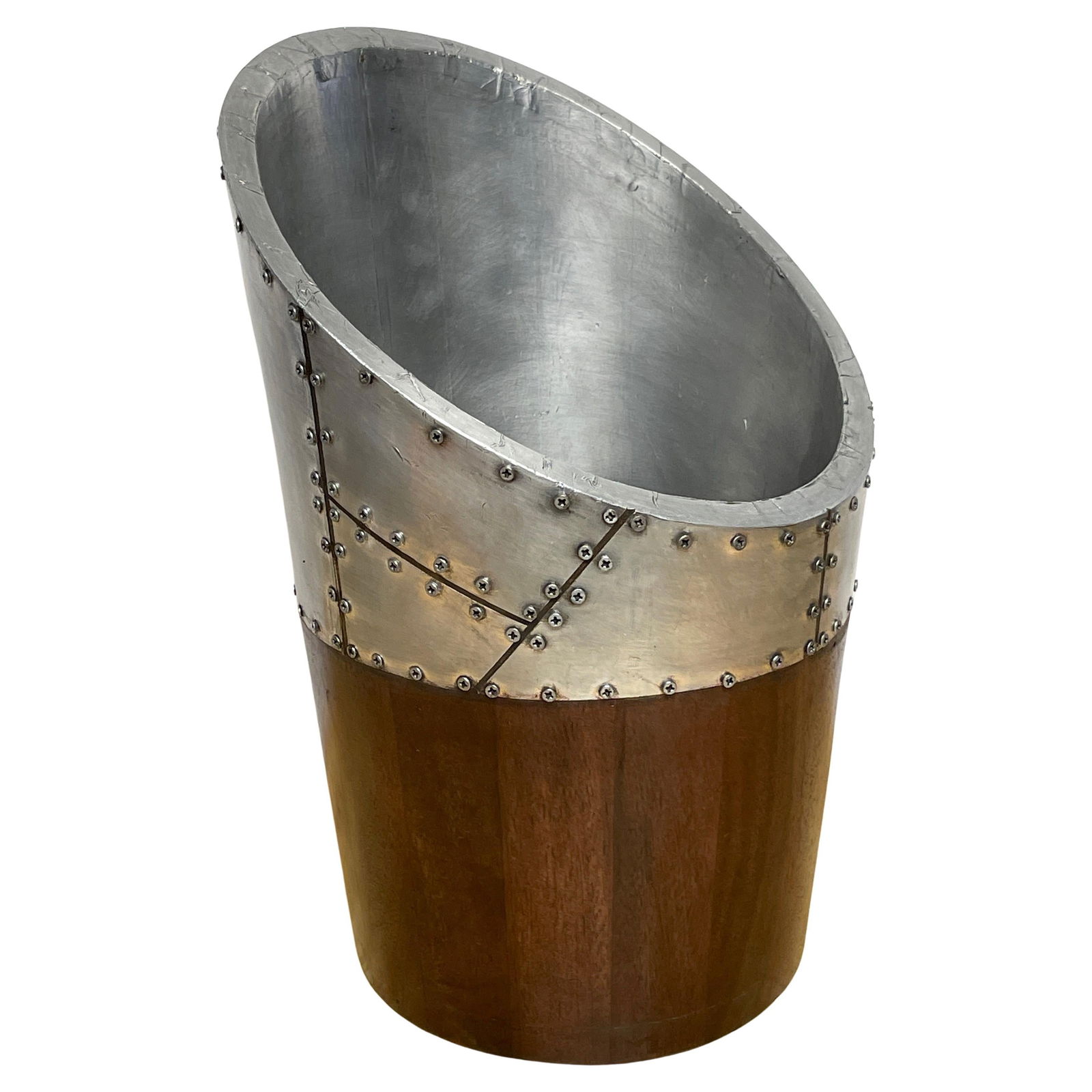 Industrial Steel and Hardwood Elliptical Trash Can with Silver Leaf Trim: Industrial Steel and Hardwood Elliptical Trash Can with Silver Leaf Trim This industrial-style wastepaper basket combines elegant design with durable materials. Crafted in the 1990s, it features a