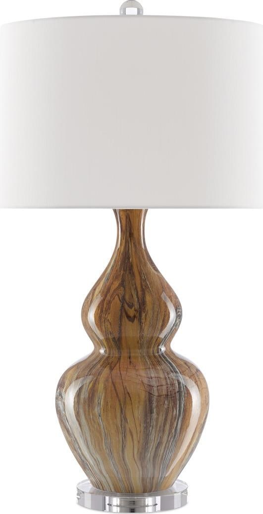 Currey Kolor Brown Gourd Table Lamp with Off-White Shade: Currey Kolor Brown Gourd Table Lamp with Off-White Shade Illuminate your space with this stylish brown table lamp featuring artistic brushstrokes. The lamp stands at a height of 31 inches and boasts a