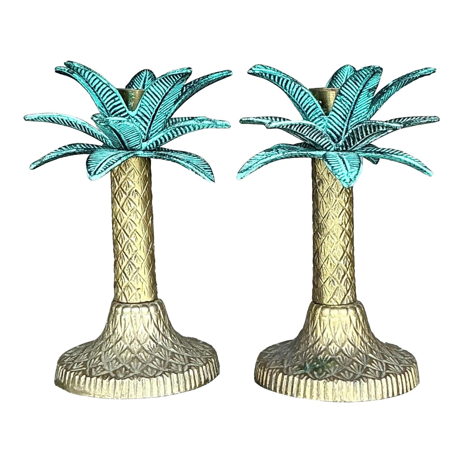 Vintage Coastal Palm Tree Candlestick Set of 2 Patinated Metal Verdigris (1 of 10)