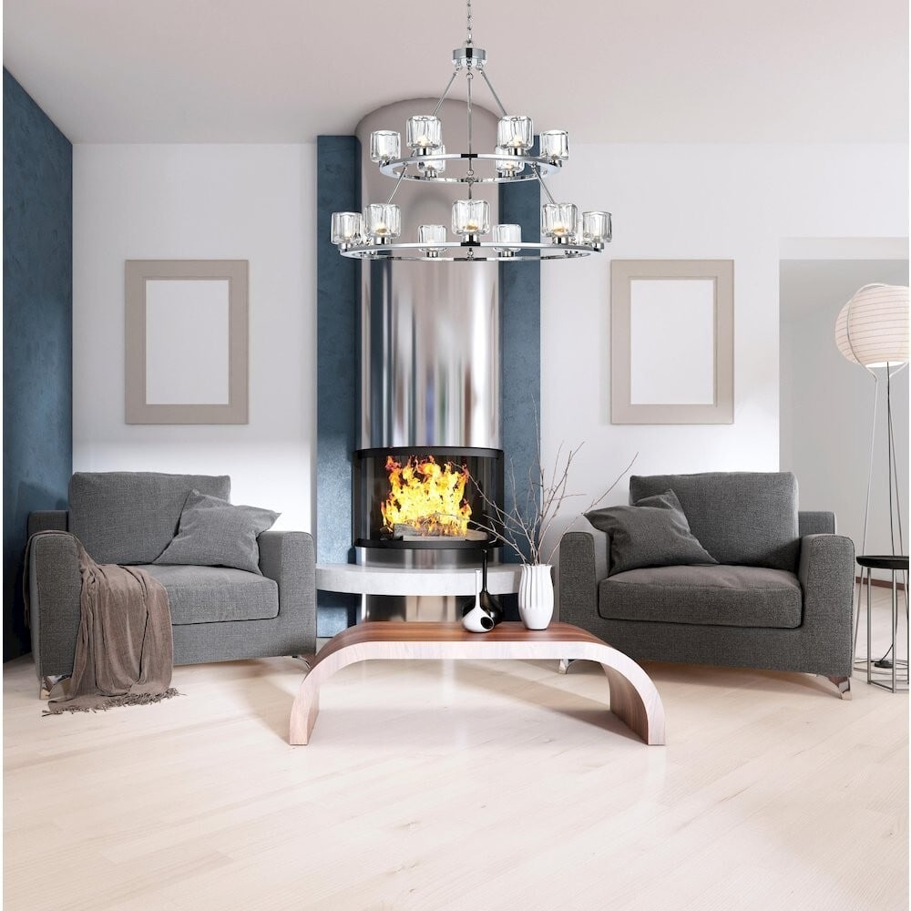 15-Light Chrome Chandelier with Glass Shades 36 Inch for Dining or Foyer: 15-Light Chrome Chandelier with Glass Shades 36 Inch for Dining or Foyer This large chandelier features a 15-light chrome-plated metal frame with round glass shades. Designed for indoor installation,