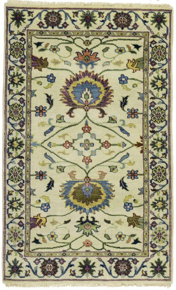 Handmade Cream Floral Oushak Chobi Rug 3' x 5' Eco Friendly: Handmade Cream Floral Oushak Chobi Rug 3' x 5' Eco Friendly Enhance your space with this exquisite Handmade Cream Floral Design Oushak Chobi Rug, measuring 3'0" x 4'11". This small-sized oriental carp