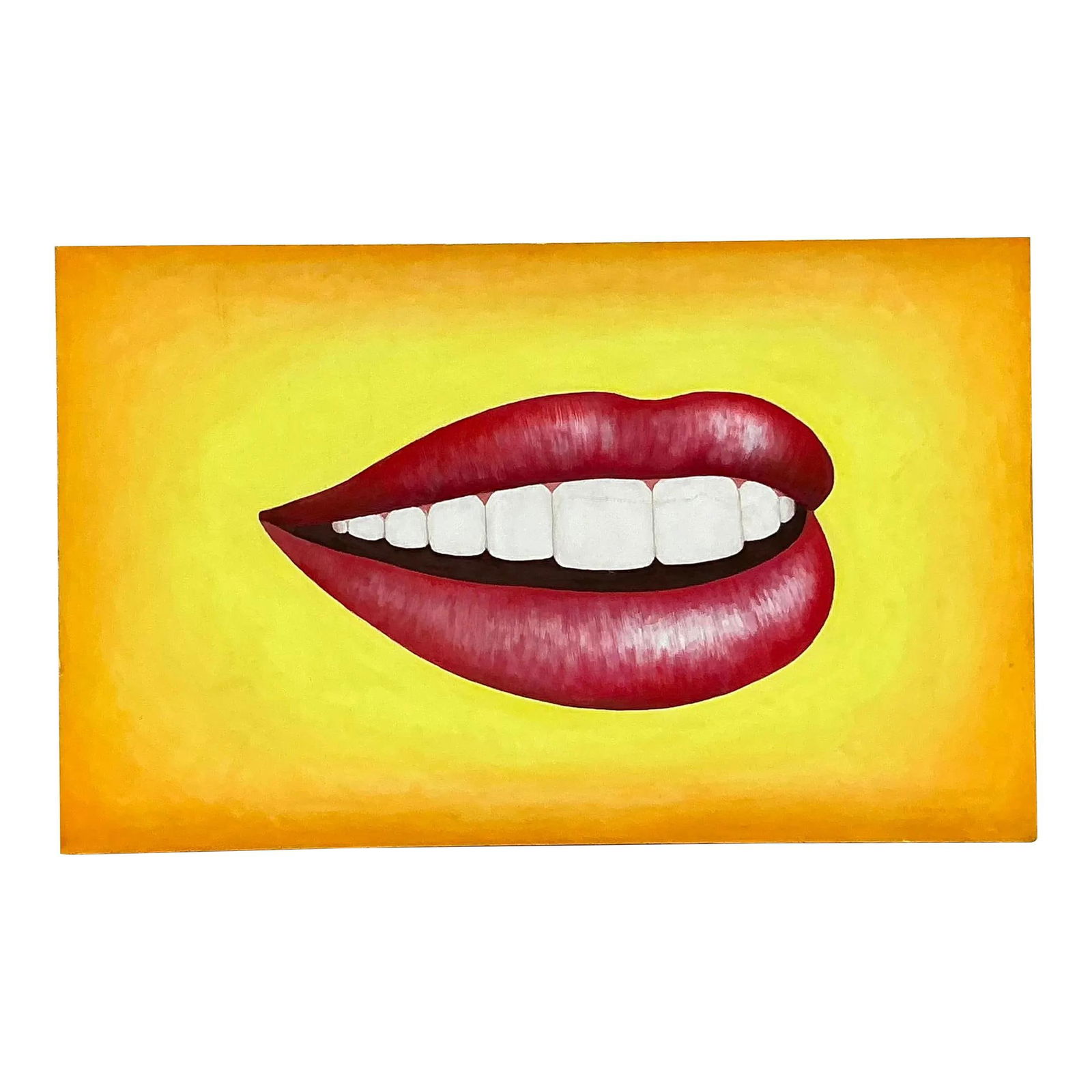 Vintage Boho Oil Painting Red Lips on Canvas 48"x30": Vintage Boho Oil Painting Red Lips on Canvas 48"x30" Make a bold statement with this Late 20th Century Vintage Boho Original Lips Oil Painting on Canvas. This striking artwork features vivid red lips