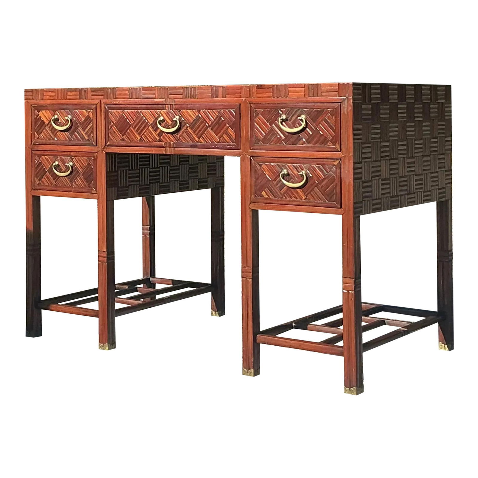 Vintage Parquet Hardwood Executive Desk Oxblood Red Wood: Vintage Parquet Hardwood Executive Desk Oxblood Red Wood Elevate your workspace with this Vintage Parquet Hardwood Executive Desk, a stunning combination of timeless design and meticulous craftsmanshi