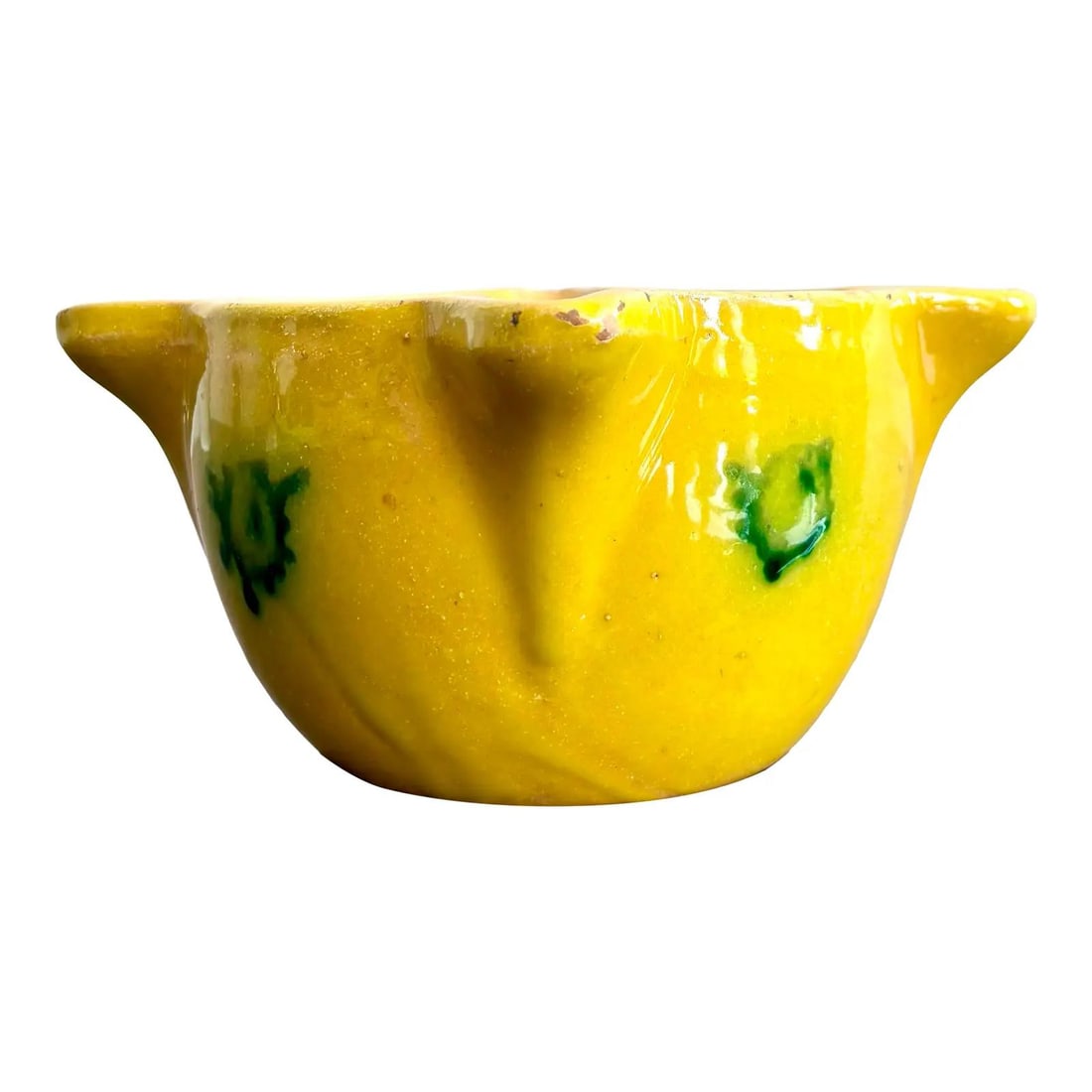 Rustic Canary Yellow Vintage Studio Pottery Catchall Bowl: Rustic Canary Yellow Vintage Studio Pottery Catchall Bowl This vintage glazed studio pottery catchall showcases rustic Mediterranean charm with its vibrant canary yellow color and flecks of green rese