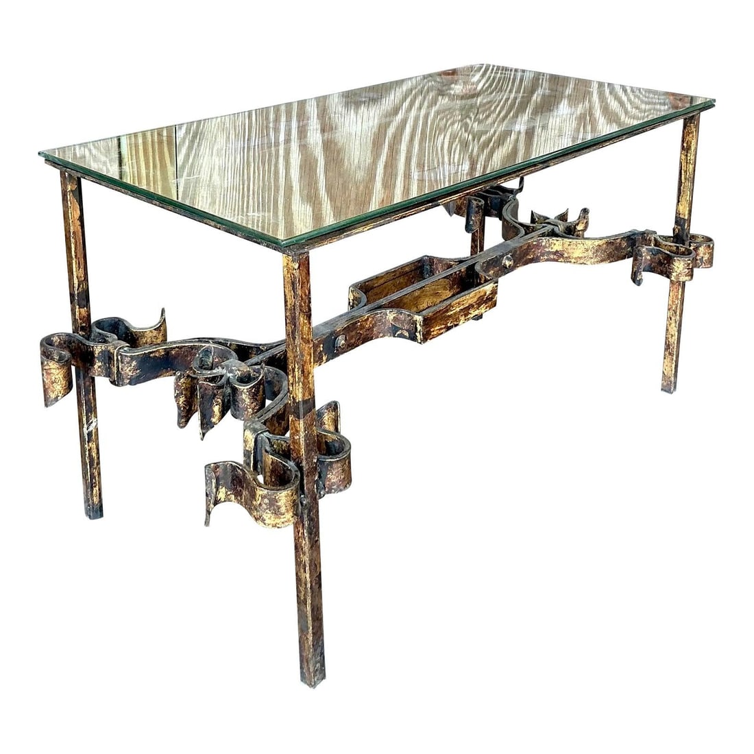 Vintage Hollywood Regency Gilt Wrought Iron Coffee Table with Glass Top (1 of 10)