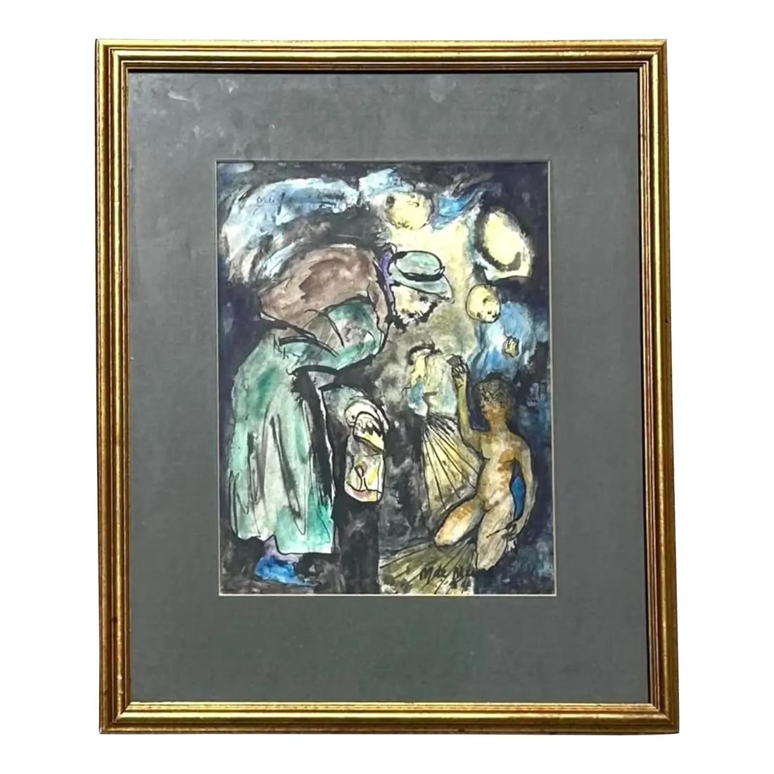 Framed Abstract Watercolor Depicting Dreamlike Boho Figures on Paper: Framed Abstract Watercolor Depicting Dreamlike Boho Figures on Paper This vintage boho figurative abstract watercolor painting on paper features a dreamlike depiction of two interacting figures, with